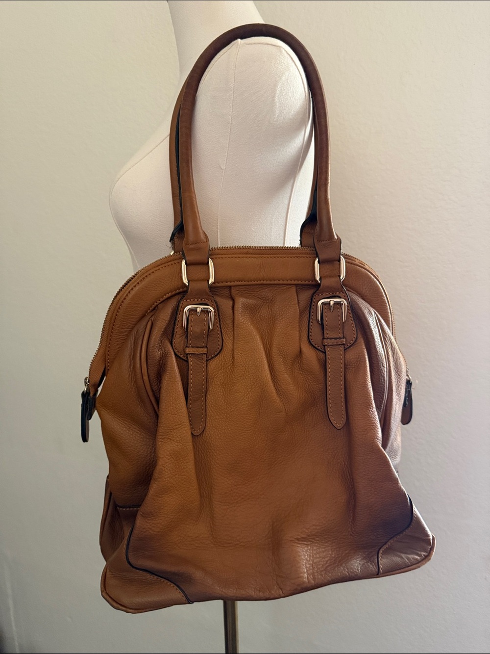 Danier Tan Genuine Leather Shoulder Bag with Buckle Accents